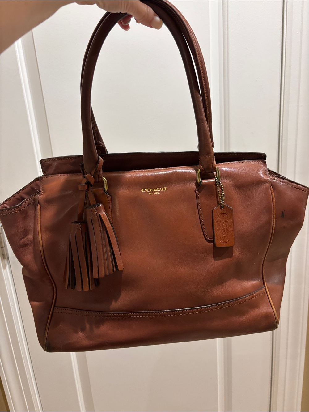 Coach Burnt Brown Leather Tote with Tassel Charm Top Zipper Closure